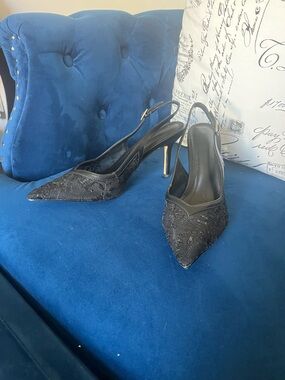 Black Lace Slingback Pointed Toe Heels